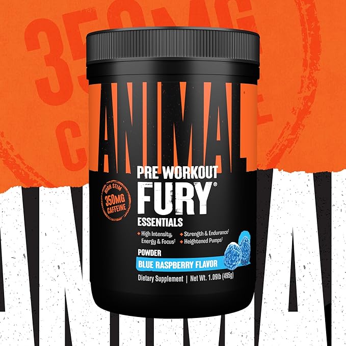Animal Fury - Pre Workout Powder Supplement for Energy and Focus - 5g BCAA, 350mg Caffeine Nitric Oxide Without Creatine - Powerful Stimulant for Bodybuilders - Blue Raspberry