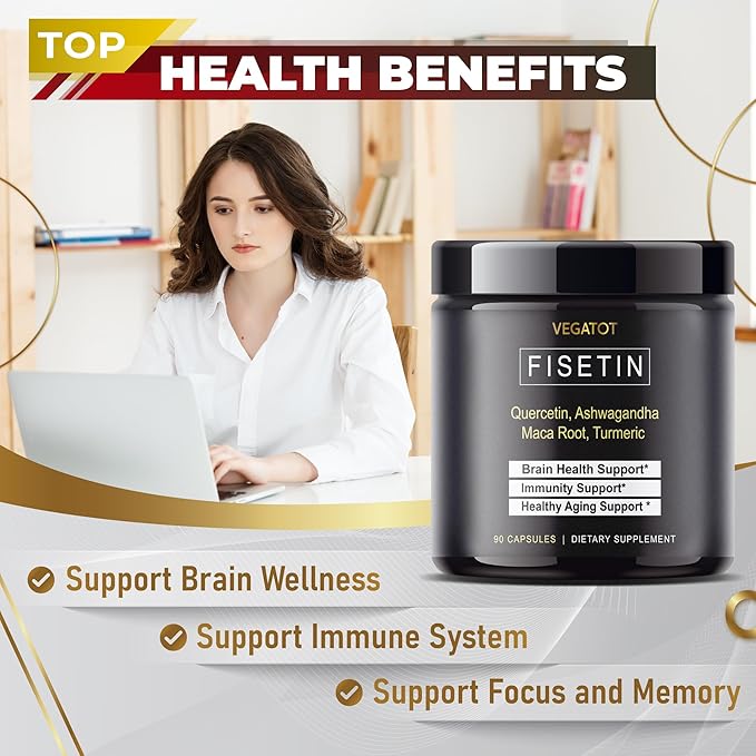 Fisetin High Purity 98%% **USA Made and Tested** (Similar to Apigenin Luteolin Quercetin) with Quercetin Ashwagandha Maca Root Turmeric - Promote Healthy Aging, Energy, Immune Support