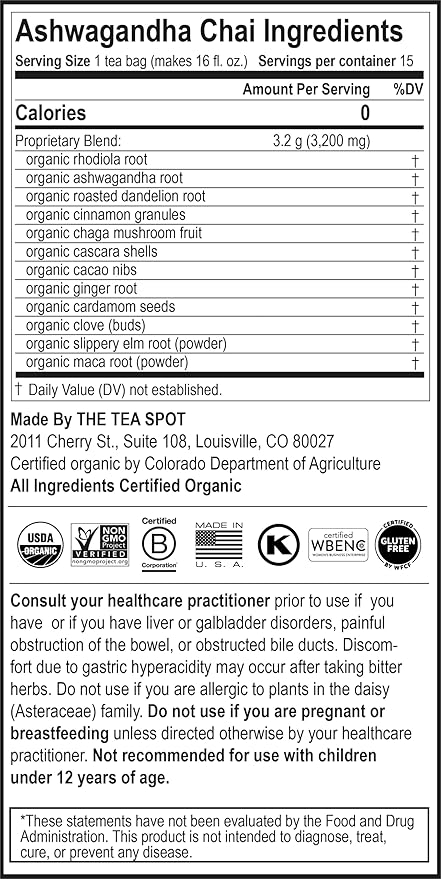 The Tea Spot Organic Ashwagandha herbal tea with Adaptogen for immune support & stress management | Blend of dandelion, chaga & Ashwagandha | No additives - 15 Tea Bags