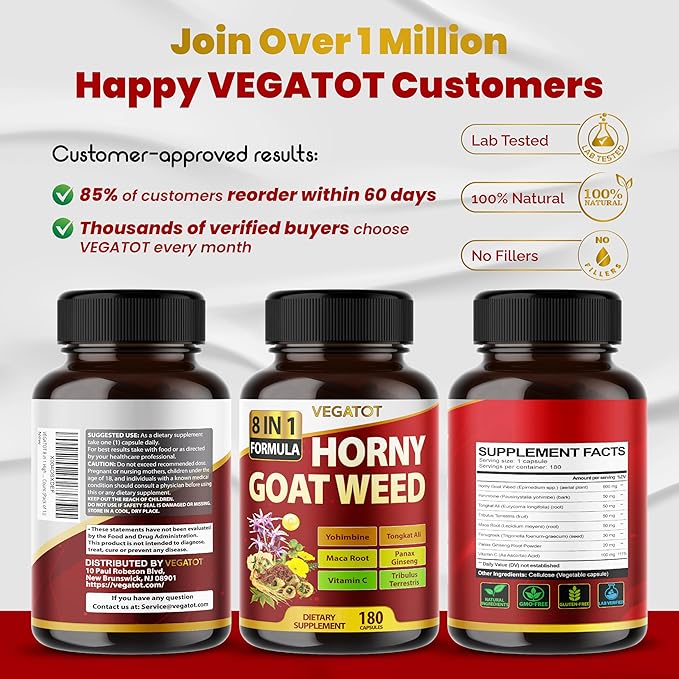 VEGATOT 8 in 1 High Strength Horny Goat Weed Concentrated with Yohimbine Tongkat Ali Maca Root Fenugreek Boost Energy Stamina 3-Month Supply (90 Count (Pack of 1))