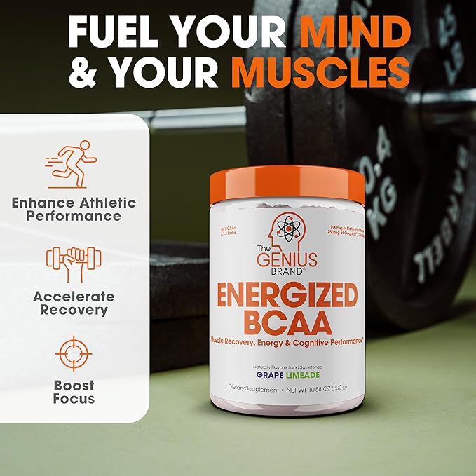 Genius BCAA Powder - 5g Vegan BCAAs L-Glutamine, Cognizin & Rhodiola Muscle Recovery Energy Support 100mg Caffeine Pre, Intra, Post-Workout Nootropic Supplement for Focus & Performance - Grape Limeade