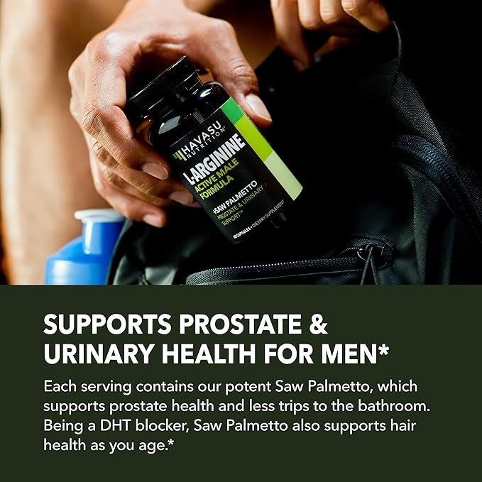 L-Arginine 500mg and Saw Palmetto 500mg - Nitric Oxide and Prostate Health Supplements for Men - 60 Count - Endurance and Urinary Tract Function Support - 1 Month Supply - Vegan, Non-GMO Capsules