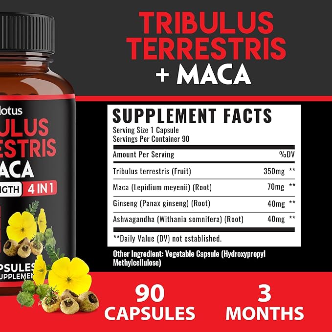 Zolotus Premium Tribulus Terrestris Capsules - Combined with Ashwagandha, Panax Ginseng & Maca - 90 Counts for 3 Months