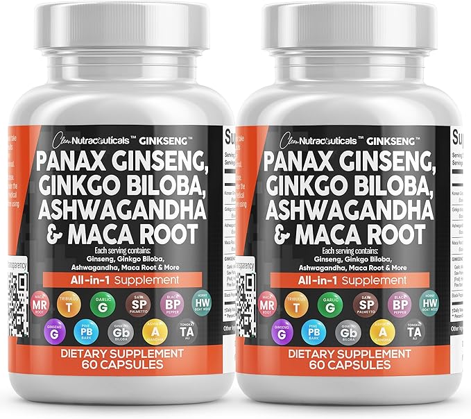 Clean Nutraceuticals Panax Ginseng 10000mg Ginkgo Biloba 4000mg Ashwagandha Maca Root 3000mg - Focus Supplement Pills for Women and Men with Pine Bark Extract, Garlic, and Saw Palmetto - 2Pack