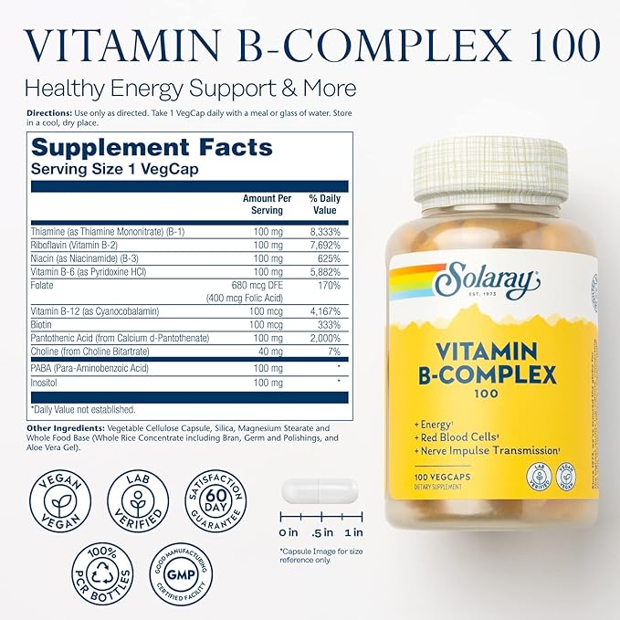 SOLARAY Vitamin B Complex, Healthy Energy Supplement, Red Blood Cell Formation, Nerve & Immune Support, Super B Complex Vitamins with Folic Acid, Vitamin B12, Vitamin B6 & More, Vegan, 100 VegCaps