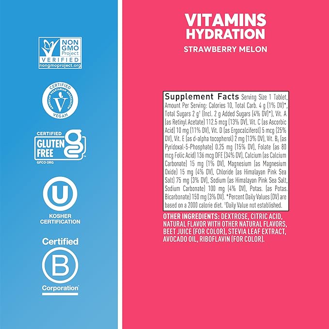 Nuun Vitamins Electrolyte Tablets with Vitamin D, C, E, A, & B6, Folic Acid, Magnesium & 4 Other Essential Electrolytes, Gluten Free & Vegan, Strawberry Melon, 8 Pack (96 Servings Total)