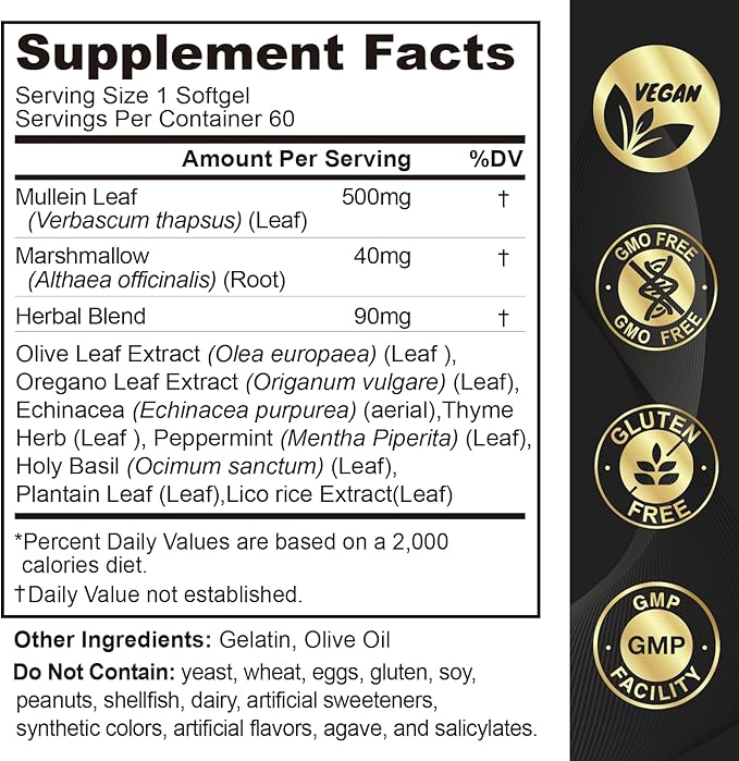 Mullein Leaf Extract for Lungs Softgels, Lung Detox Cleanse Respiratory Lung Support, Herbal Supplements for Smokers, Vegan, Non-GMO, Immune Digestive Support, 120-Count, 120 Days Supply