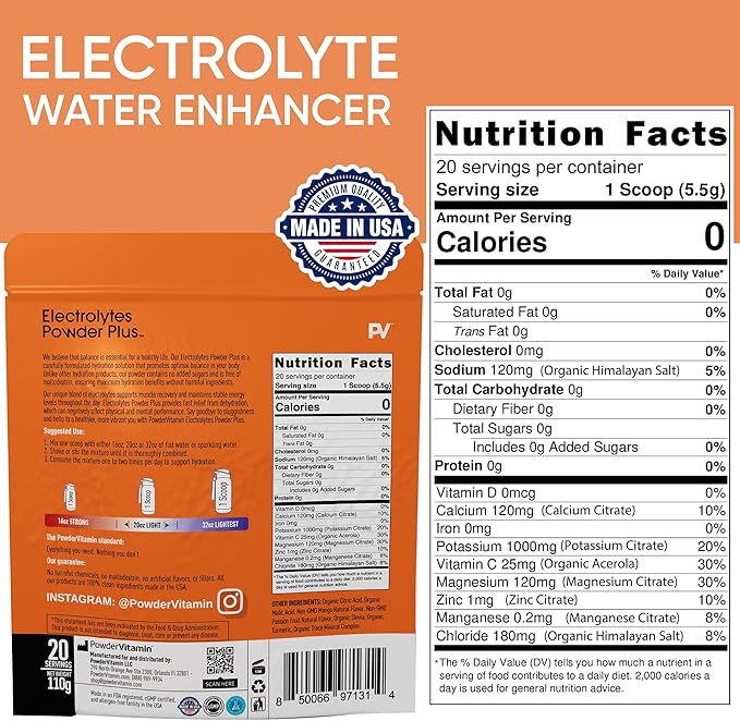 Electrolytes Powder Plus (20 Servings) Mango Passionfruit Electrolyte Powder Zero Calorie Keto,0 Sugar,No Maltodextrin,1000mg Potassium,120mg Calcium,120mg Magnesium, Pink Himalayan Salt