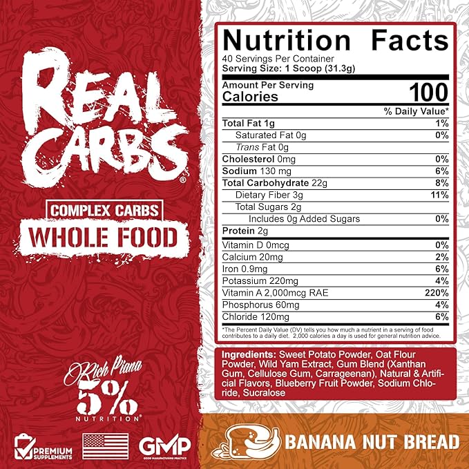 Rich Piana 5% Nutrition Real Carbs with Real Food Complex Carb Powder, Long-Lasting Low Glycemic Energy for Pre-Workout/Post-Workout Recovery Meal, 2.7 Lb, 40 Servings (Banana Nut Bread)