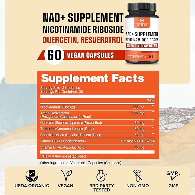 NAD+ Supplement with Nicotinamide Riboside Per Serving w/Resveratrol, Quercetin, Turmeric, Rhodiola Rosea, Vitamin D3 and Vitamin C - 60 Capsules