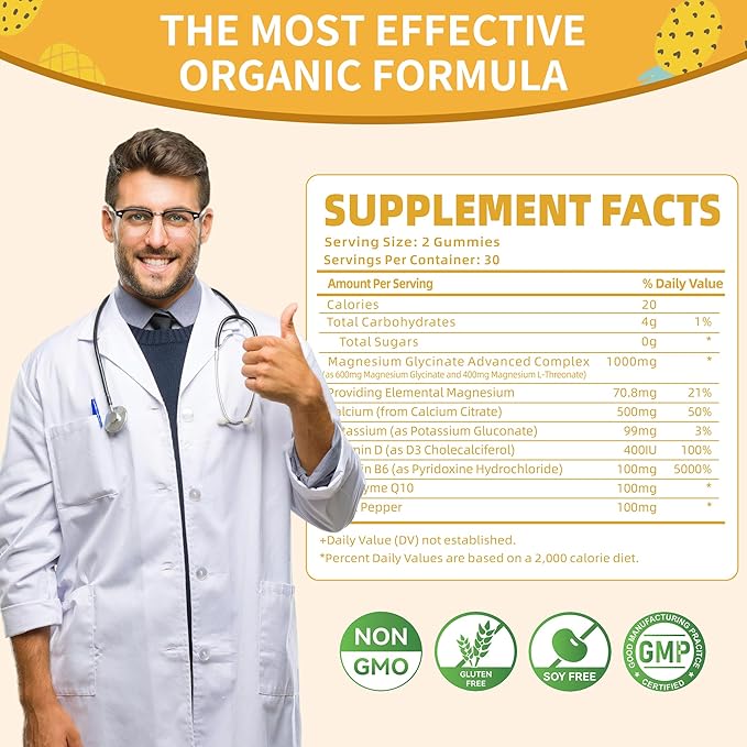 Magnesium Glycinate Gummies 1000mg - Sugar Free Magnesium Potassium Supplement with Vitamin D, B6, CoQ10 for Calm Mood & Sleep Support - 120 Pineapple Gummies -2 Pack