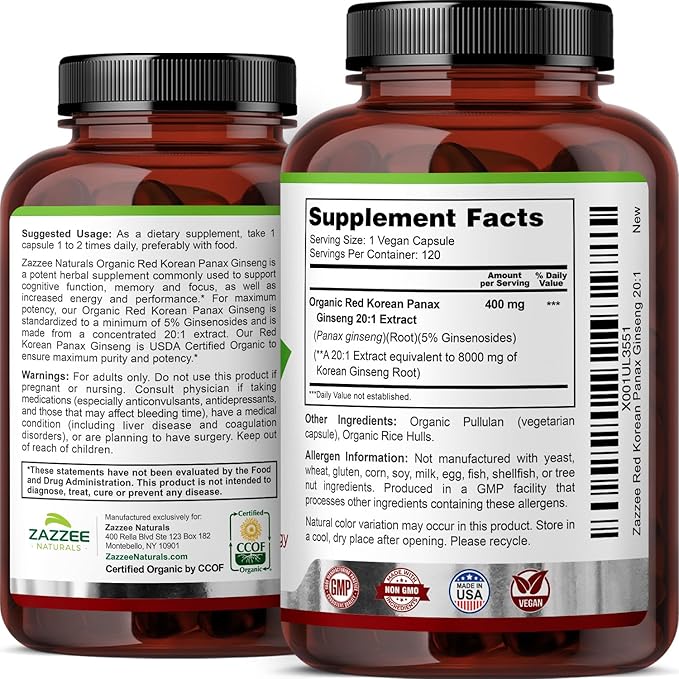 Zazzee USDA Organic Red Korean Panax Ginseng 20:1 Extract, 8000 mg Strength, 5% Ginsenosides, 120 Vegan Capsules, Standardized and Concentrated 20X Root Extract, 100% Vegetarian, All-Natural, Non-GMO