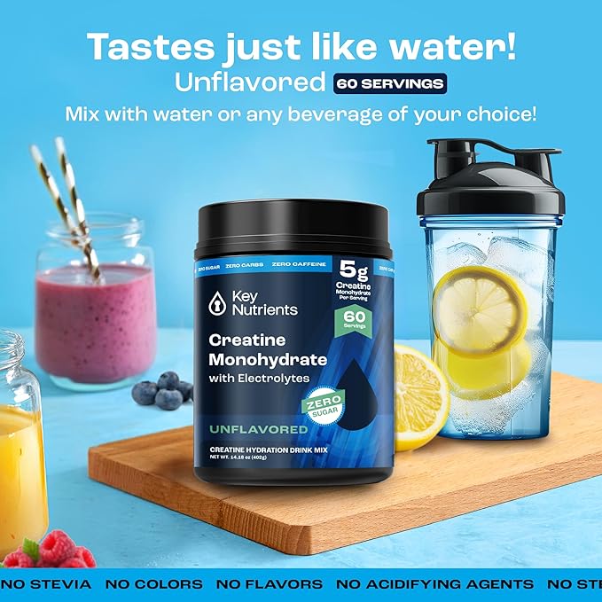 KEY NUTRIENTS Creatine Monohydrate Powder + Electrolytes, 5000mg Creatine Powder, Micronized Creatine Monohydrate, Creapure Creatine for Muscle Building & Workout Recovery - 60 Servings, Made in USA