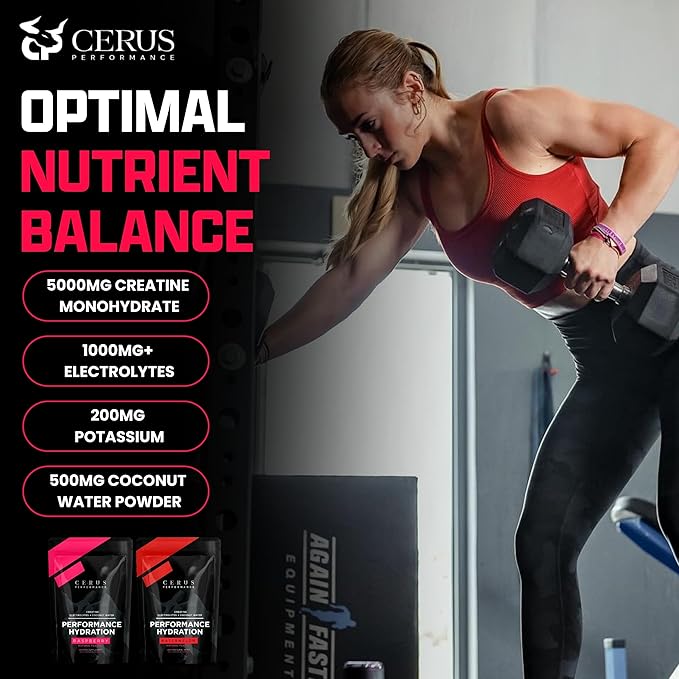 Cerus Performance - Performance Hydration Electrolyte Powder – Raspberry Flavor, 5g Creatine Monohydrate, 500mg Coconut Water Powder – Supports Endurance, Muscle Recovery & Keto 30 Servings