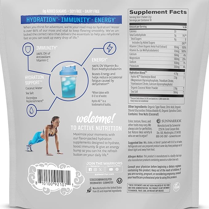 Sunwarrior Hydration Powder Electrolyte Packets Powder B12 Elderberry | Blue Raspberry Flavored 18 Stick Packs 126g Pouch | Vegan and Plant-Based Sugar Free
