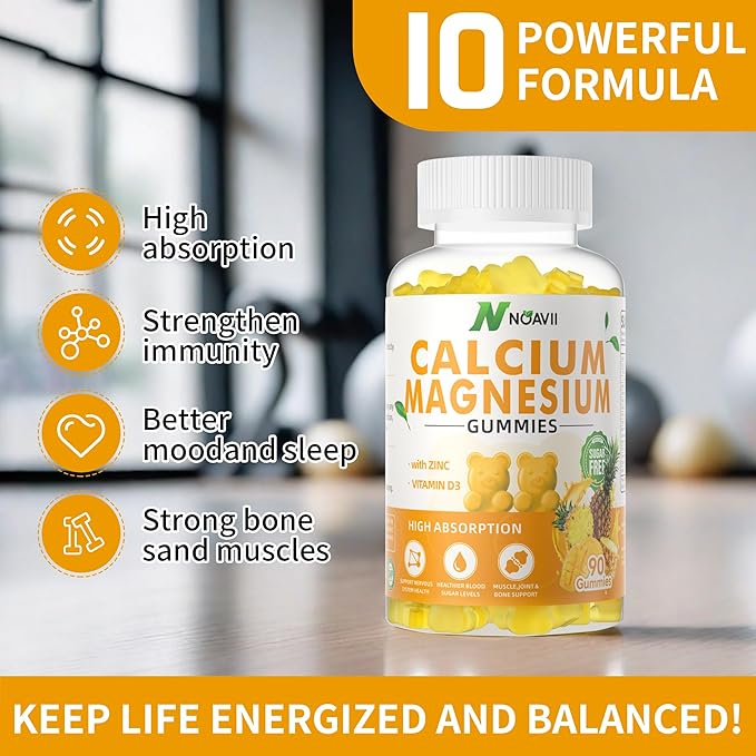 Calcium Magnesium Zinc Gummies with Vitamin D3, ashwagandha Supplement - High Potency Enhanced Absorption - Pineapple Flavor-90 Count
