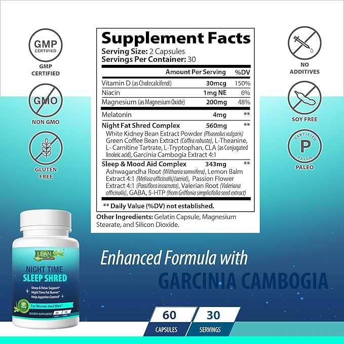 Weight Loss Sleep Aid Night Time Shred Fast Fat Burner, Melatonin L-theanine Cla Ashwagandha Valerian Root 5HTP Pill, Appetite Suppressant Metabolism Booster Calm Supplement for Women Men, 60 Capsule