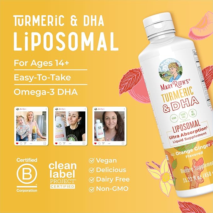 MaryRuth Organics | Liposomal Turmeric & DHA | Curcumin | Ginger Root Oil | Algal DHA & Vitamin E | Cognitive Function | Mood Support | Joint Health | Liquid Supplement | 15.22 oz