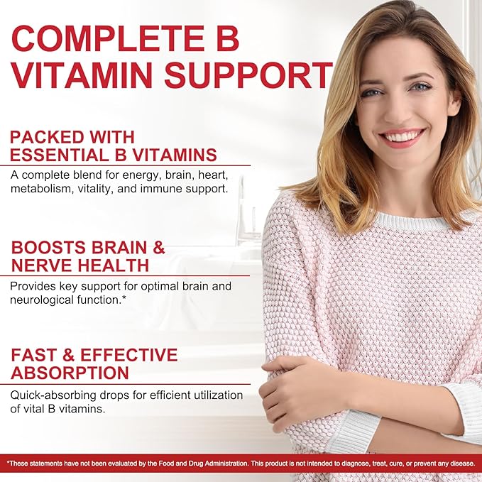 Vitamin B Complex Liquid, Vegan Vitamin B12 Liquid Drops | B12 Methylcobalamin | B1 Thiamine | B6 Pyridoxine | Folic | Niacin - B Complex Liquid Drops, Support Energy, Brain & Heart, 40 Servings