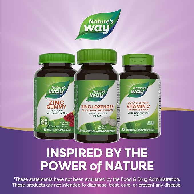 Nature's Way Zinc Lozenges with Vitamin C & Echinacea, Immune Support*, 23 mg of Zinc & 100 mg of Vitamin C per Serving, Wild Berry Flavored, 60 Lozenges (Packaging May Vary)