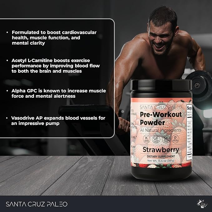 Santa Cruz Paleo Natural Pre Workout Powder, Strawberry, Keto Preworkout with Electrolytes Magnesium, Potassium, L-Citrulline, Caffeine Free, Sugar Free Drink Mix for Energy & Hydration, 30 Servings