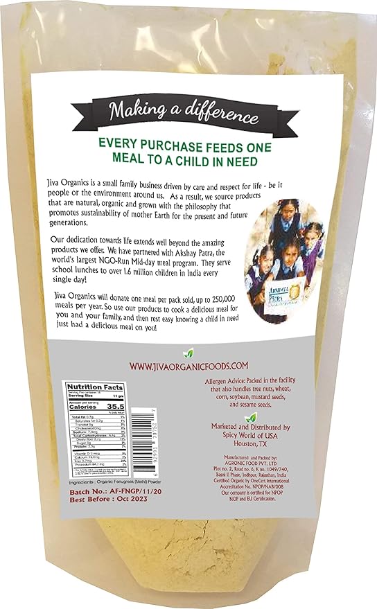 Jiva Organics Organic Fenugreek Powder 7oz Bag - Gluten Free, Non-GMO, Methi Powder, Pure, Raw & Natural - Great As A Spice Or Even For Hair Growth - Product of India