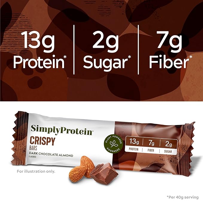Simply Protein - Dark Chocolate Almond Crispy Bars - Plant Based Protein Bars - Low Carb, Low Sugar, High Fiber - 13g Protein, 2g Sugar, 7g Fiber - Vegan, Gluten Free, Non GMO, Kosher - 4 Bars