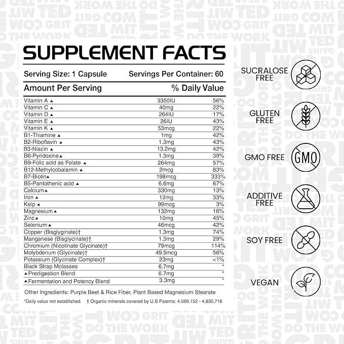 Gains in Bulk Square 1 Multivitamin and Mineral Supplement for Women and Men, Vitamins, Digestive Enzymes and Organic Minerals for Muscle Health, Performance and Immune Support, 60 Capsules