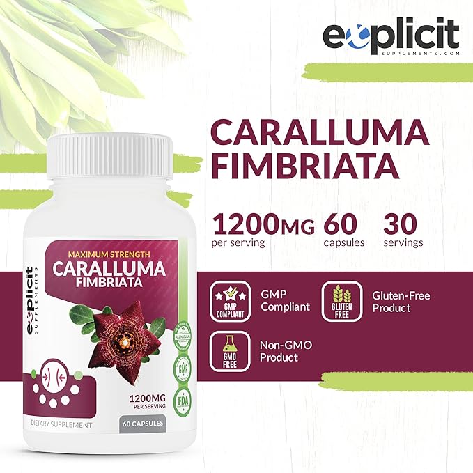 Pure Caralluma Fimbriata Max Strength – Appetite Suppressant, Increase Fat Burn, Weight Loss Supplement, Non-Stim - for Men & Women - 1200mg per Serving, 30 Servings, 60 Capsules