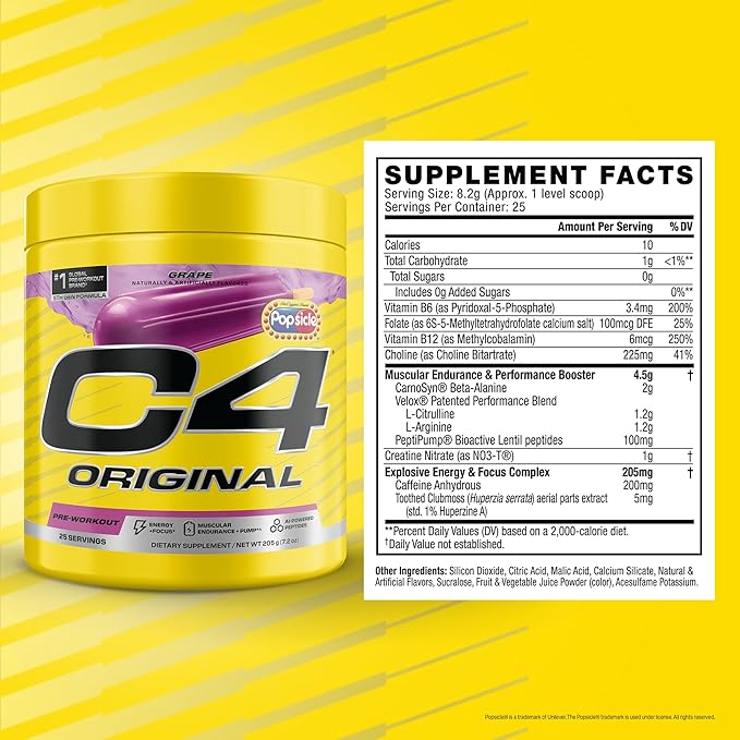 C4 Original Pre Workout – POPSICLE Grape - Pre-Workout for Endurance, Focus & Performance with 200mg Caffeine, Beta-Alanine, Creatine Nitrate, L-Arginine & PeptiPump – Sugar Free, 25 Servings