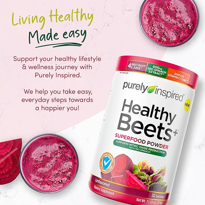 Purely Inspired Healthy Beets Superfood Powder, Unflavored - Super Beet Root Powder with Red Spinach Extract, Vitamin C & Zinc for Immune Support - Supports Nitric Oxide Production for Men & Women