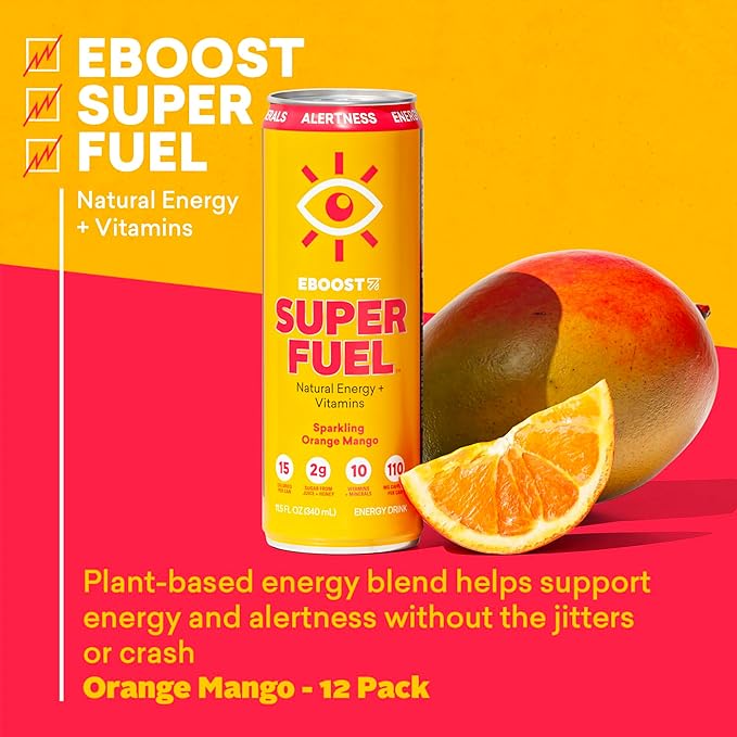 EBOOST Super Fuel Clean Energy Drink - Orange Mango - 12 Pack x 11.5 Fl Oz - Natural Caffeine from Coffee and Green Tea - Essential Electrolytes, Nootropics, and Vitamins - Sports Preworkout Drink