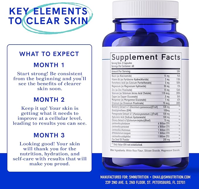 Clear Skin Acne Supplement with Zinc, DIM & Probiotics | 3-in-1 Balance, Clarify, Restore Support with Hyaluronic Acid & Skin Support Vitamins | for Women & Men | Oral Hormonal Acne Pills | 120 Ct