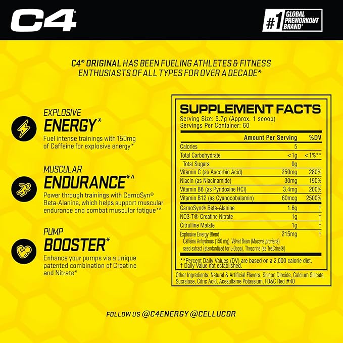 Cellucor C4 Original Pre Workout Powder Strawberry Margarita | Vitamin C for Immune Support | Sugar Free Preworkout Energy for Men & Women | 150mg Caffeine + Beta Alanine + Creatine | 60 Servings