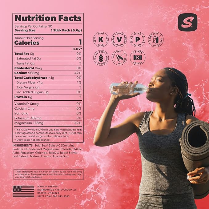 Keto Chow SALTT Electrolytes Powder Flavored Drink Mix - Cherry Chill - 30 Hydration Packets - Magnesium, Potassium, Sodium, Trace Minerals - Zero Sugar & Gluten Free - Travel Essentials