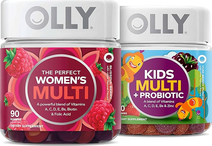 OLLY Gift, Family 2 Pack: Women's Multivitamin Gummy (90 Count), Kids Multivitamin + Probiotic Gummy (70 Count), Vitamins A, D, C, E, B, Chewable Supplement, Blissful Berry, Yum Berry Punch, 160 Count