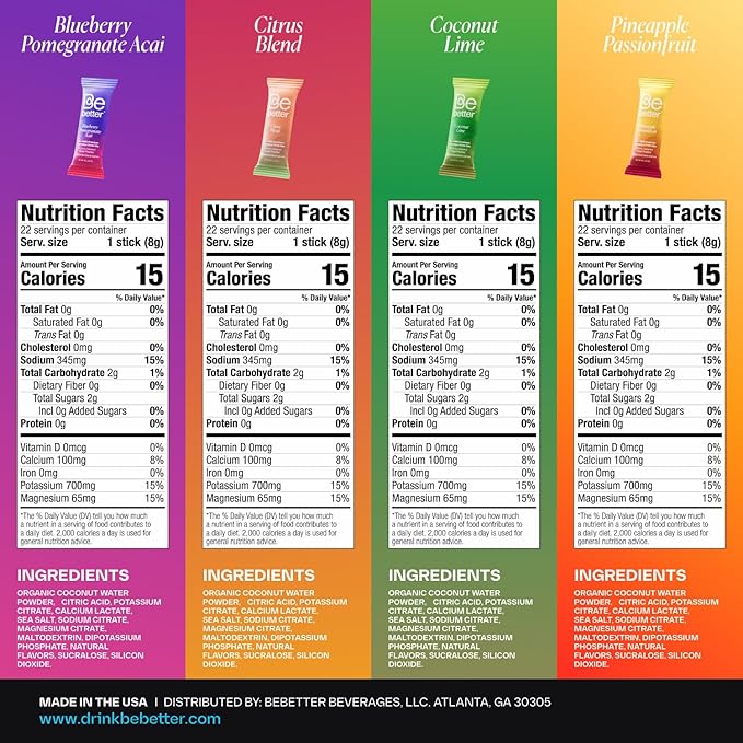 BeBetter Organic Electrolytes Powder Packets | Electrolyte Drink Mix | Organic Coconut Water | No Artificial Flavors | Sugar Free Hydration Packets | Non-GMO | 22 Sticks (Blueberry, Pomegranate, ACAI)