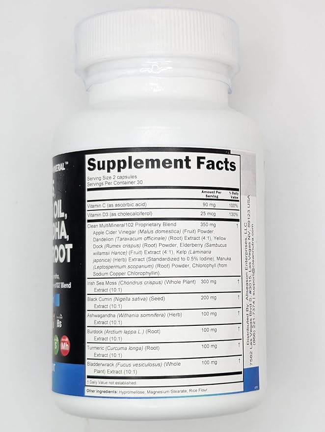 Clean Nutraceuticals Sea Moss Black Seed Oil Ashwagandha Turmeric Bladderwrack Burdock & Vitamin C Vitamin D3 with Elderberry Manuka Dandelion Yellow Dock Iodine Chlorophyll ACV - 2Pack