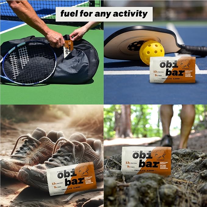 Obi Bar Chocolate Almond - Protein and Oat Fiber Bar | All-Natural | Sustained Energy | Lightly Sweet Taste | 100% Cocoa, Almond Chunks | MADE WITH AVOCADO OIL | Egg White Protein | Soy Free, Dairy Free, No Sugar Alcohol, No Seed Oils | 2.4oz, 12 Pack