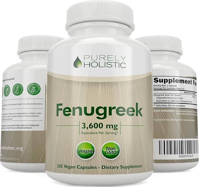 Purely Holistic Fenugreek Capsules 3600mg - 365 Vegan Capsules - Lactation Supplement - from Fenugreek Seeds - Concentrated x10 Extract - Non GMO for Women & Men