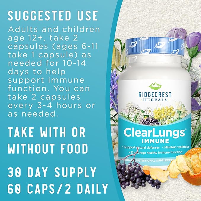 Ridgecrest Herbals ClearLungs Immune, Lung Support Supplement with Mullein, Elderberry, Zinc, Vitamin C, Vitamin A, Olive Leaf (60 Caps, 30 Serv)