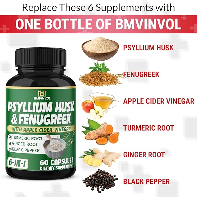 BMVINVOL 6in1 Psyllium Husk, Fenugreek, Apple Cider Vinegar, Turmeric, Ginger, Black Pepper - Soluble Fiber for Supports Digestive Health & Regularity (60 Capsules)