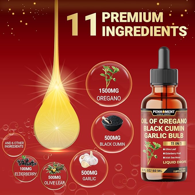 11in1 Organic Oregano Oil Drops with Black Seed Liquid, Garlic, Vitamin D3 & K2, Olive Leaf, Elderberry, Sea Moss, Ashwagandha & Ginger - Immune Support - 2 Fl Oz - 60 Days