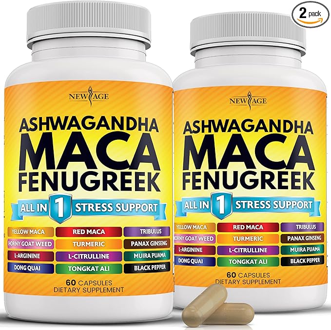 NEW AGE Ashwagandha Maca Root Fenugreek Supplement with Tongkat Ali Ginseng - Assists with Overall Health - Made in USA - 120 Count