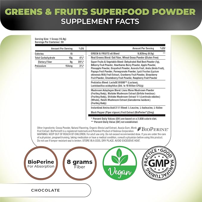 Nutrology Greens & Fruits Powder-Naturally Sourced Fruits, Vegetables, Beet Powder & Mushroom Blend, Probiotics, Digestive Enzymes, Fiber, Antioxidants, Immune Support, Gluten Free - Chocolate
