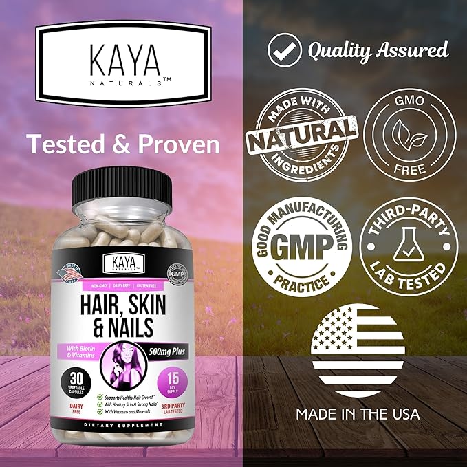 Kaya Naturals Hair Skin Nail Capsules with Biotin - Hair and Skin Vitamins, Vitamin D Vitamin B-12 A Folic Acid Support, Hair Support Vitamin Supplement for Hair Skin Nails- 30 Count Capsules