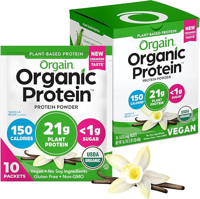 Orgain Organic Vegan Protein Powder, Vanilla Bean - 21g Plant Protein, 5g Prebiotic Fiber, Low Carb, No Lactose Ingredients, No Added Sugar, Non-GMO, For Shakes & Smoothies, 10 Travel Packs