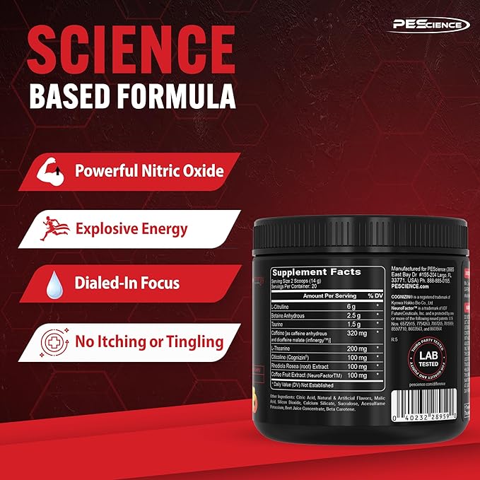 PEScience Prolific Energy Pre Workout – L Citrulline for Nitric Oxide, Rhodiola & CDP Choline Nootropic for Focus – Preworkout for Men & Women – 40 Scoops, Raspberry Lemonade