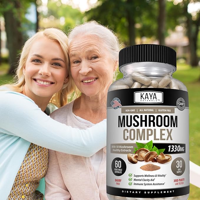 Kaya Naturals Premium Mushroom Complex Potent - Mushroom Complex Capsules 1330mg Per Serving - Aids Mental Clarity Supports Immune System, Wellness & Vitality - 60 Count