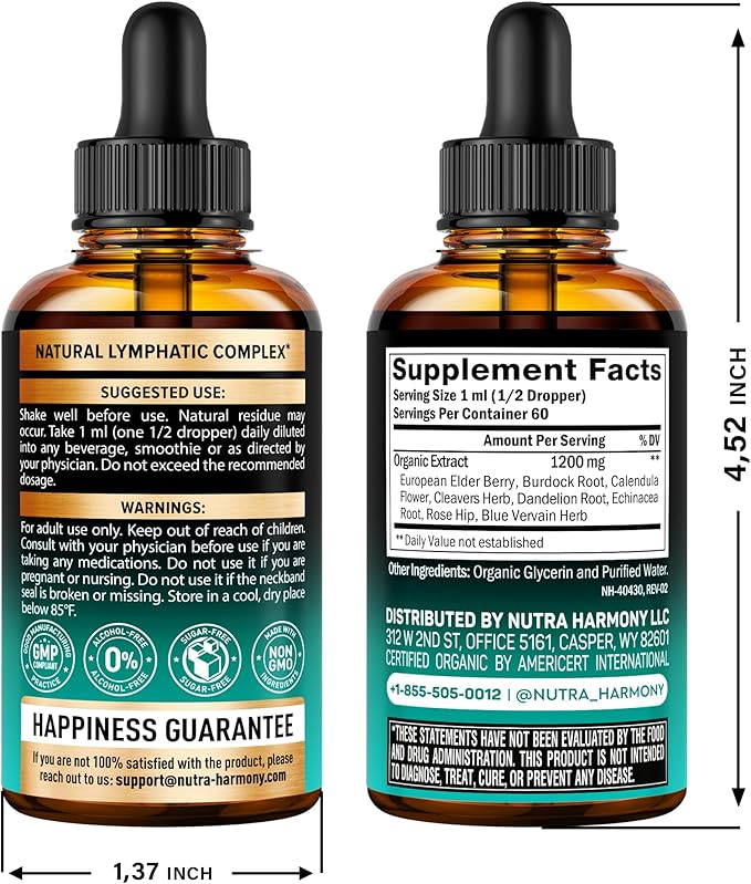 USDA Organic Lymphatic Drainage Supplement - Echinacea | Elderberry | Dandelion | Rosehip | Cleavers | Calendula | Burdock - Made in USA - Lymph System Drops - Immune Support, Cleanse & Detox, 2 fl oz